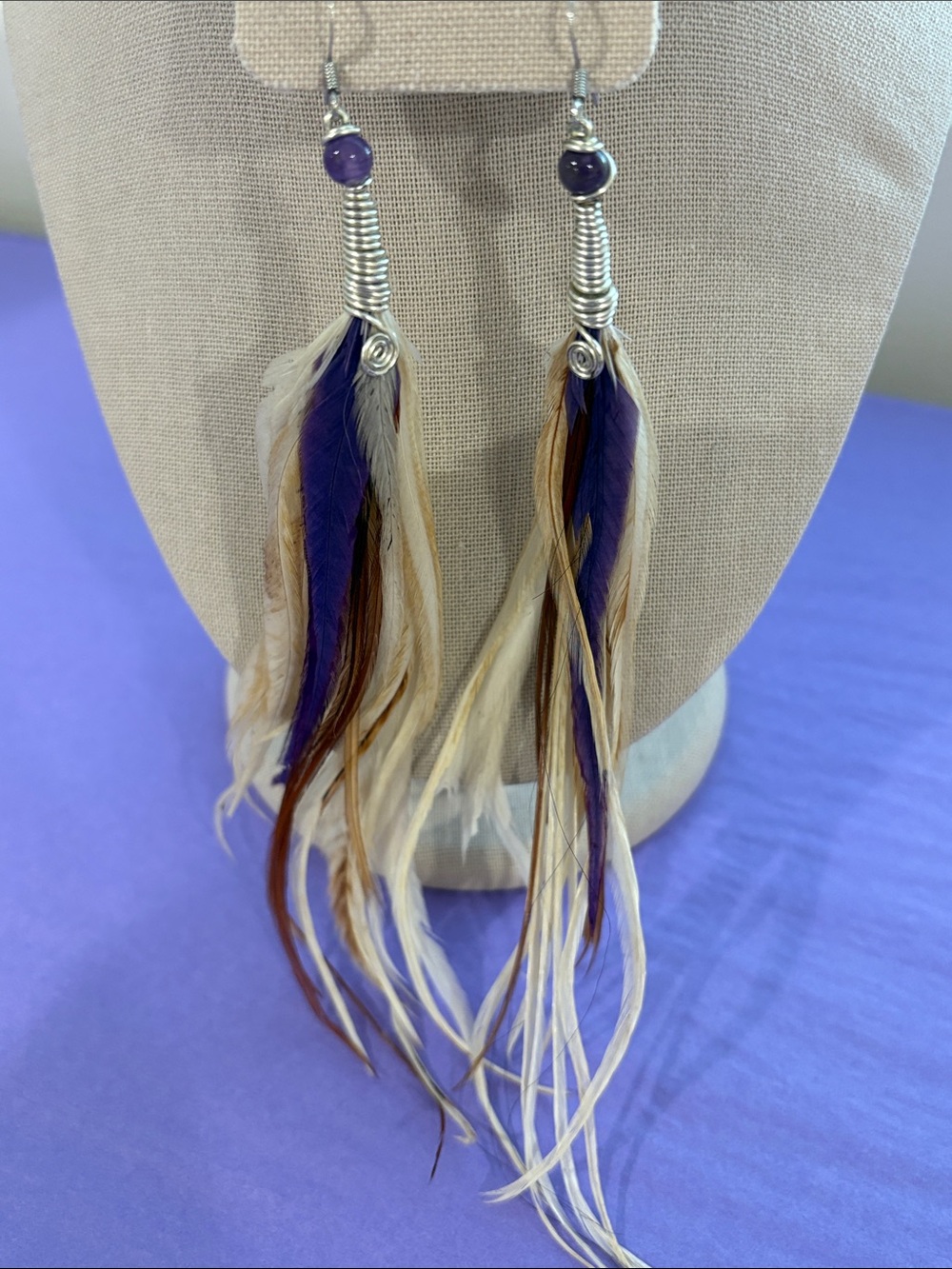 Handmade Feather Drop Earrings - Purple & Neutral tones - Picture 3 of 5